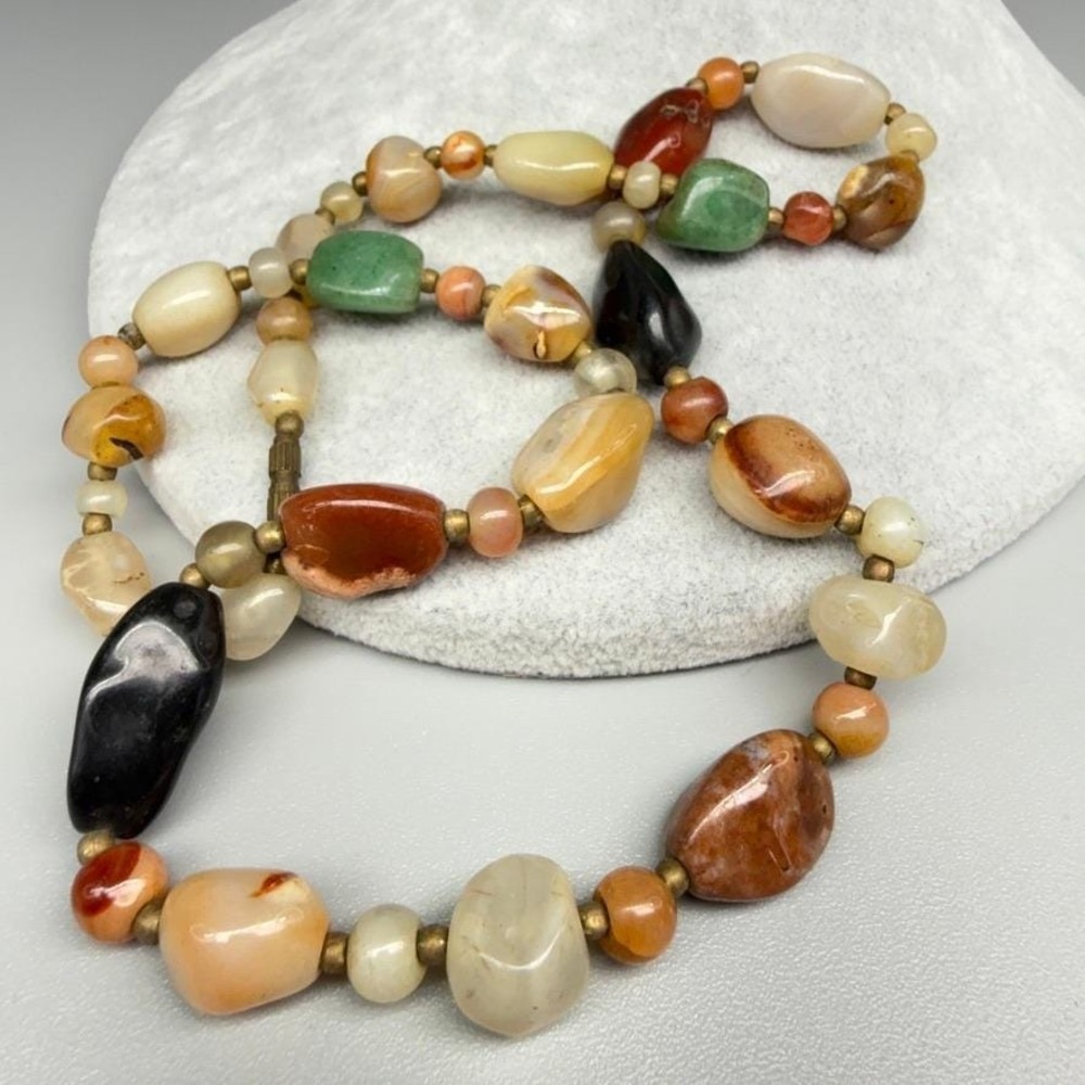 Vintage Beggars Bead Necklace Natural Multicolor Polished Stones 22"